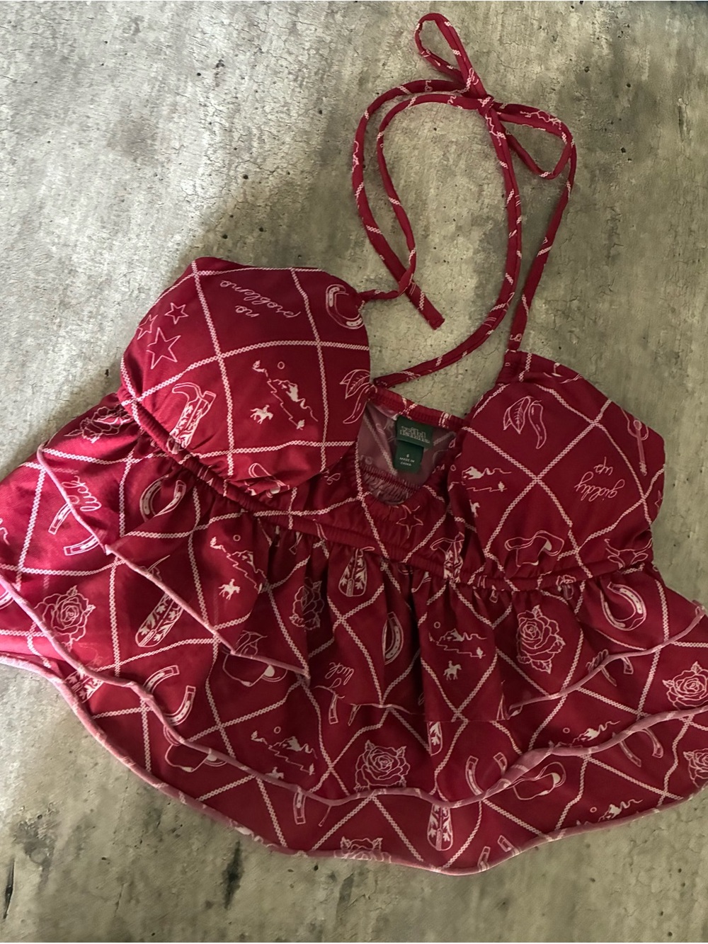 Red Patterned Halter Ruffle babydoll Top - Picture 3 of 5